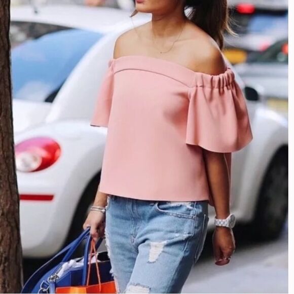 Topshop Bardot Structured Off Shoulder Shirt Blush Cream Size 8 - Picture 9 of 15